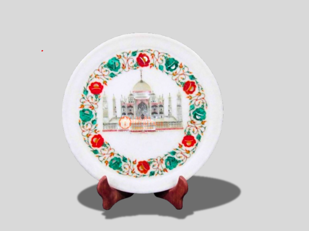 White Marble Carnelian Inlay Floral Taj Mahel Art Dish Plate